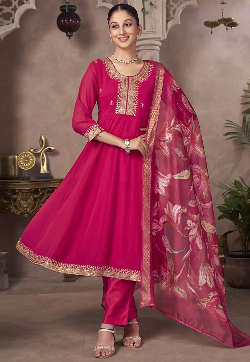 Pink Georgette Readymade Anarkali Suit 334208