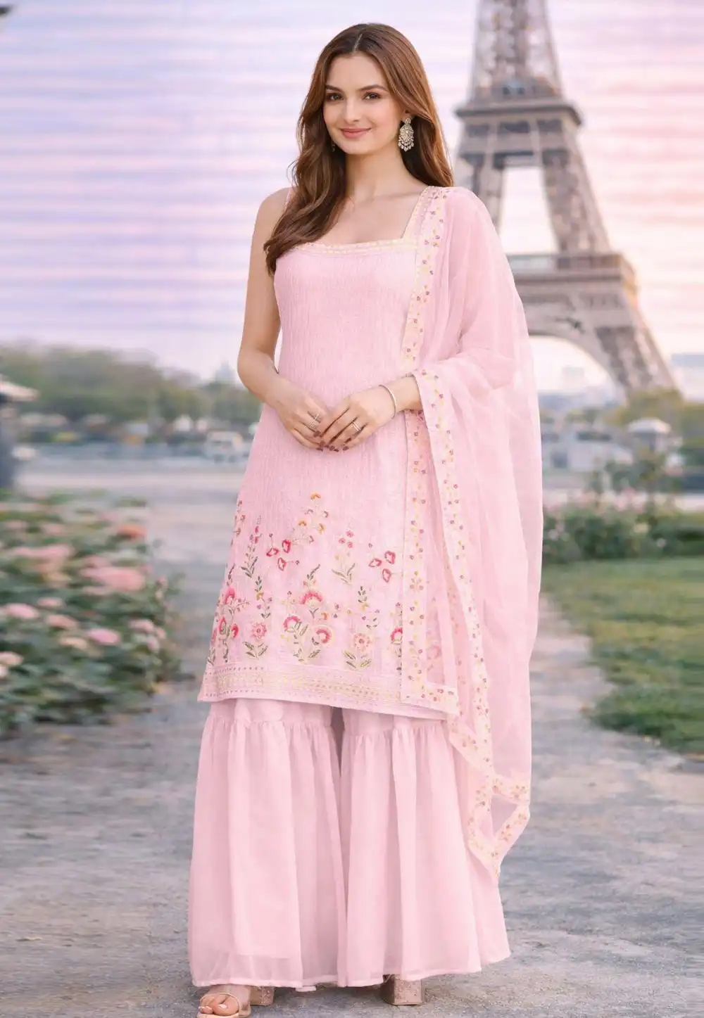 Pink Georgette Readymade Gharara Suit 327314