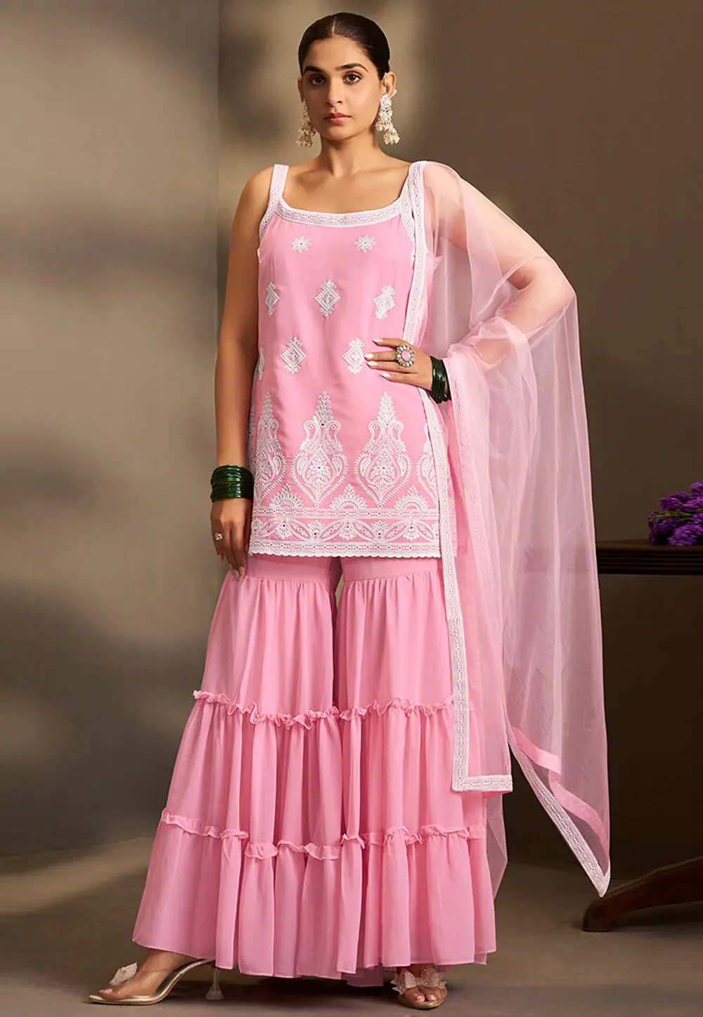 Pink Georgette Readymade Gharara Suit 334195