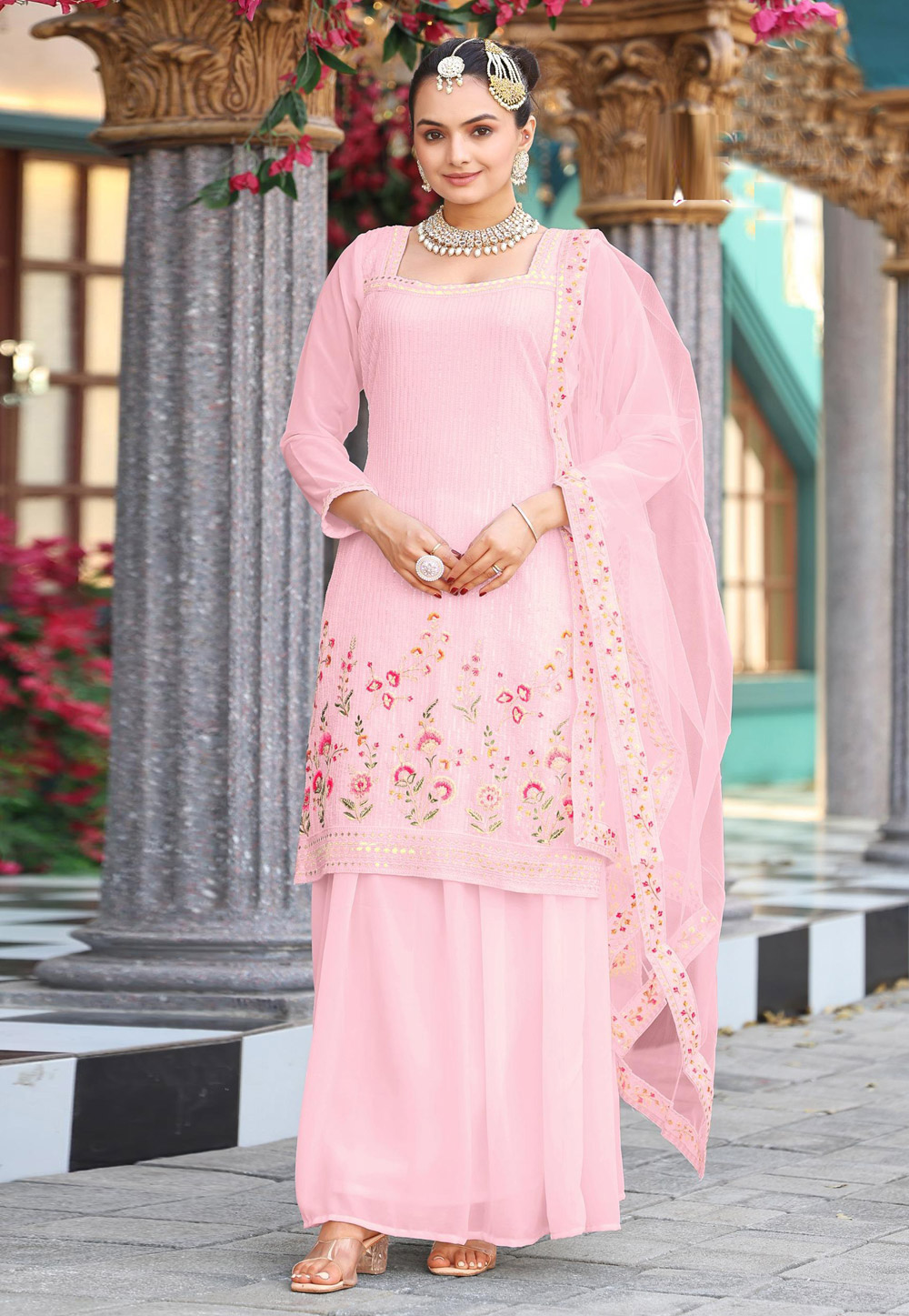 Pink Georgette Readymade Indo Western Lehenga Choli 320926