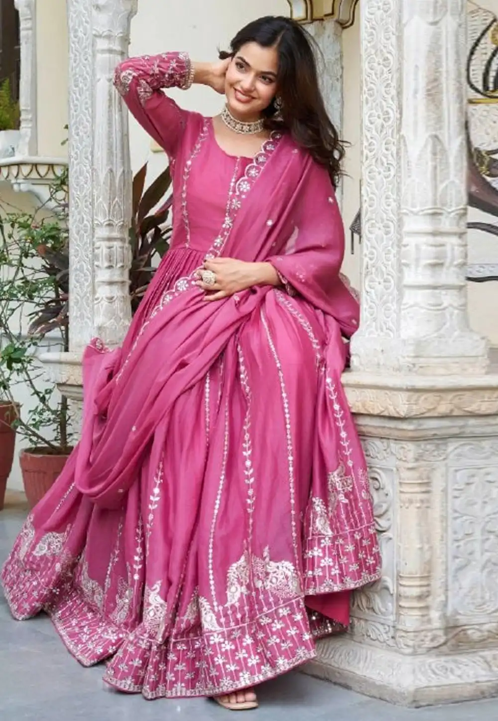 Pink Georgette Readymade Long Anarkali Suit 317546
