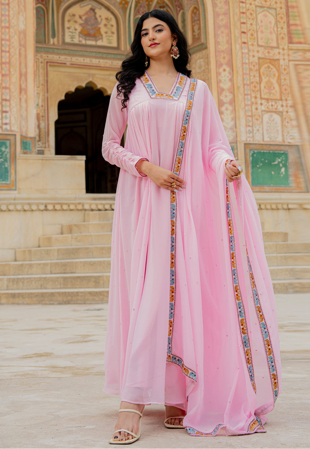 Pink Georgette Readymade Long Anarkali Suit 320762