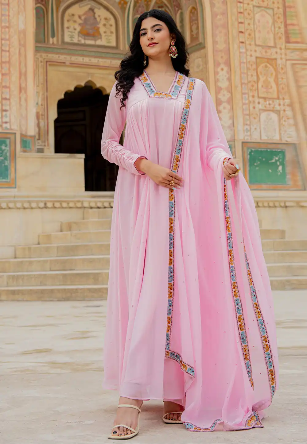 Pink Georgette Readymade Long Anarkali Suit 320762