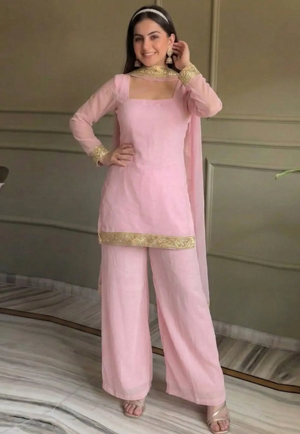 Pink Georgette Readymade Palazzo Suit 331458