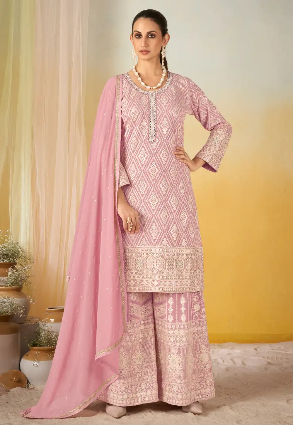 Pink Georgette Readymade Palazzo Suit 327483
