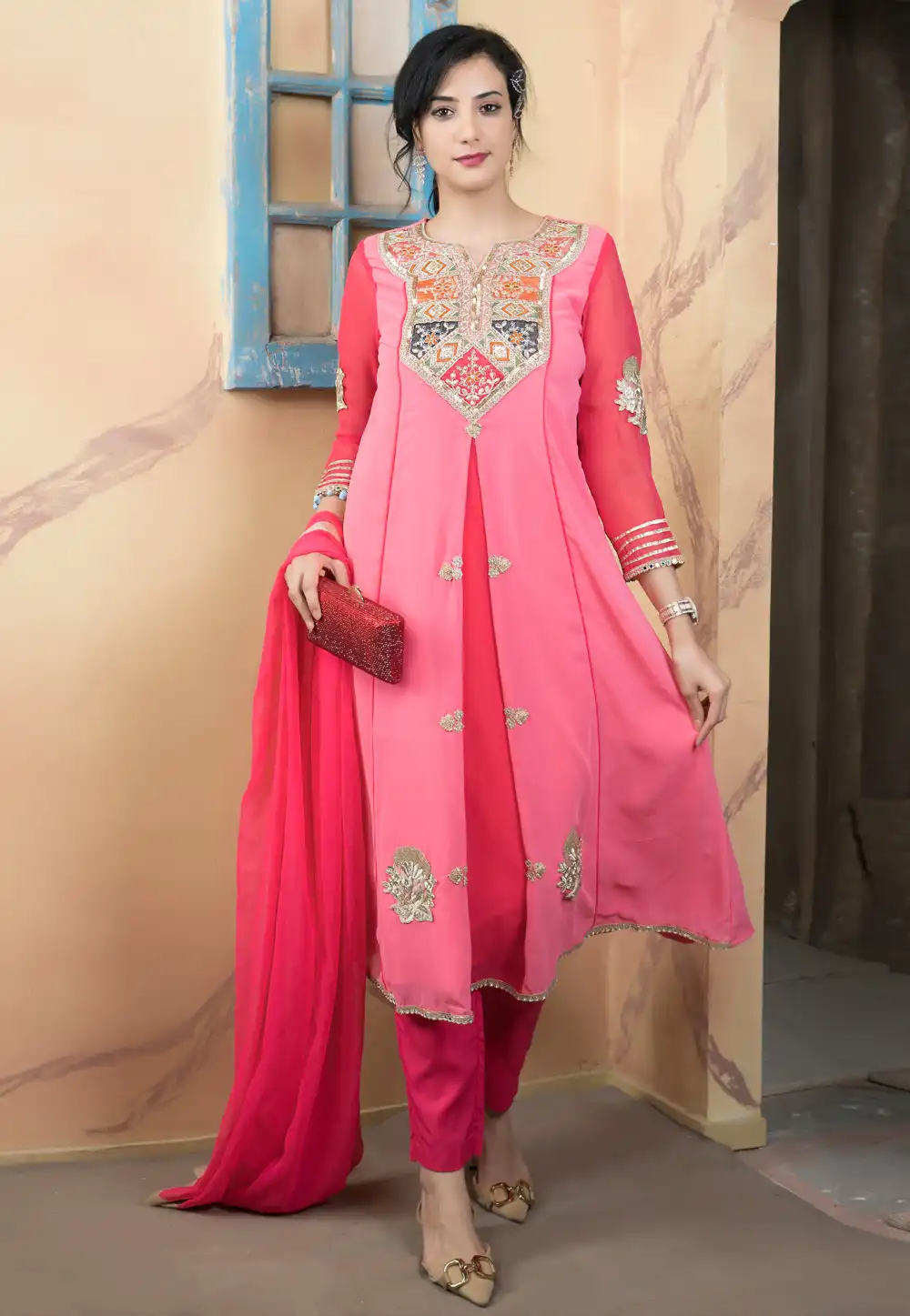 Pink Georgette Readymade Pant Style Suit 312999