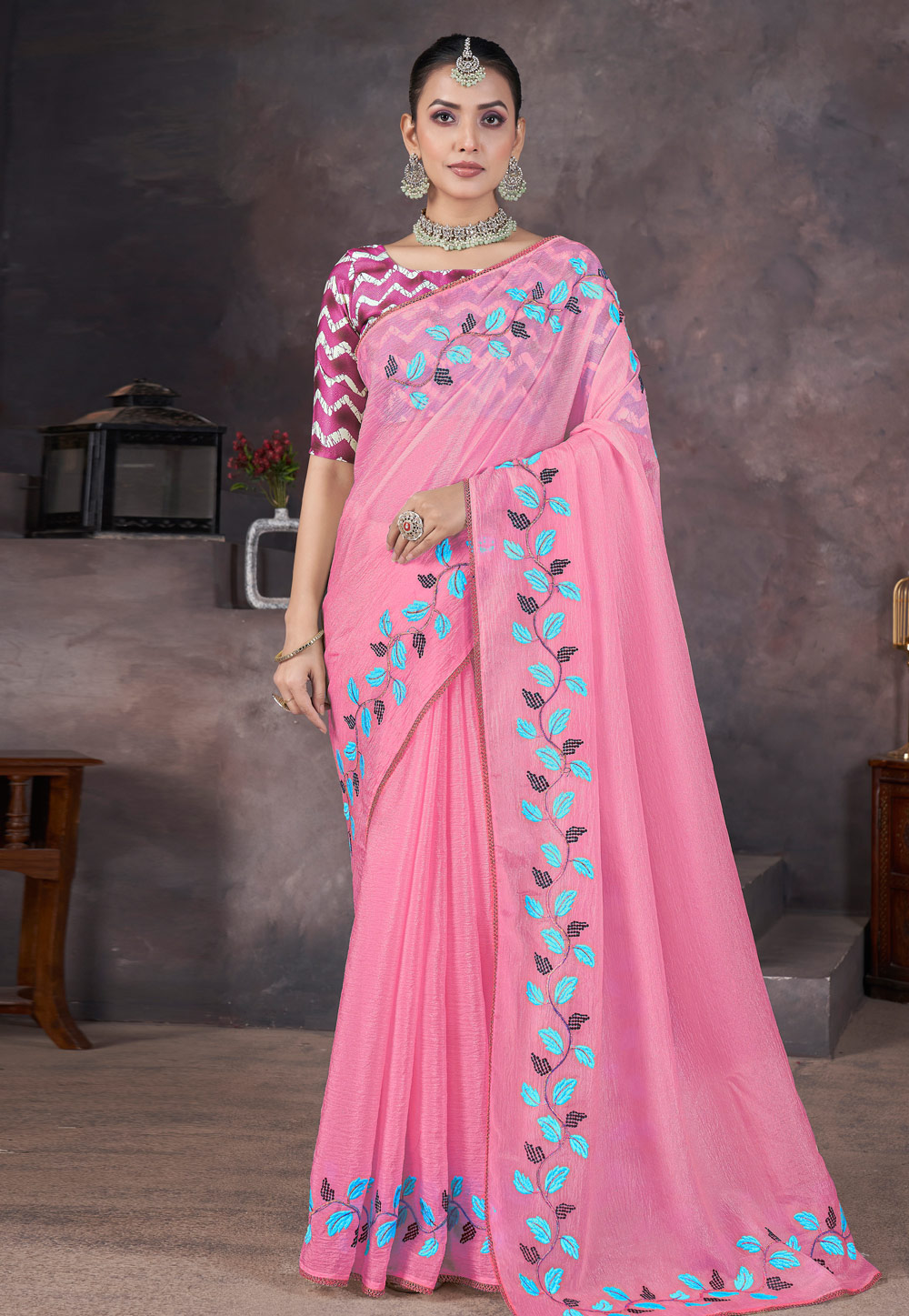 Pink Georgette Saree With Blouse 312311