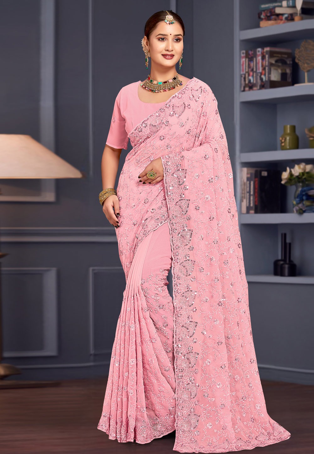 Pink Georgette Saree With Blouse 307754