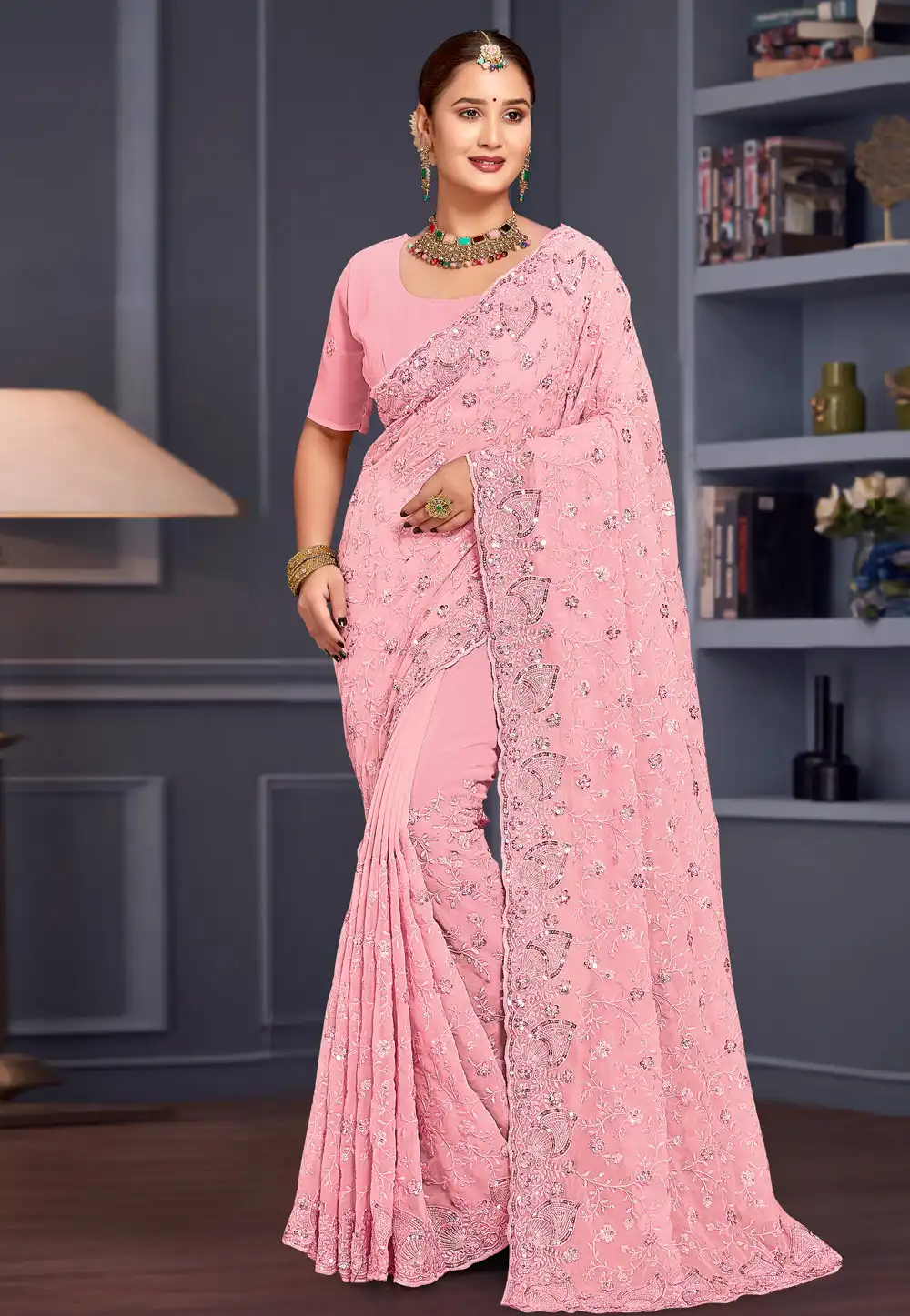 Pink Georgette Saree With Blouse 307754