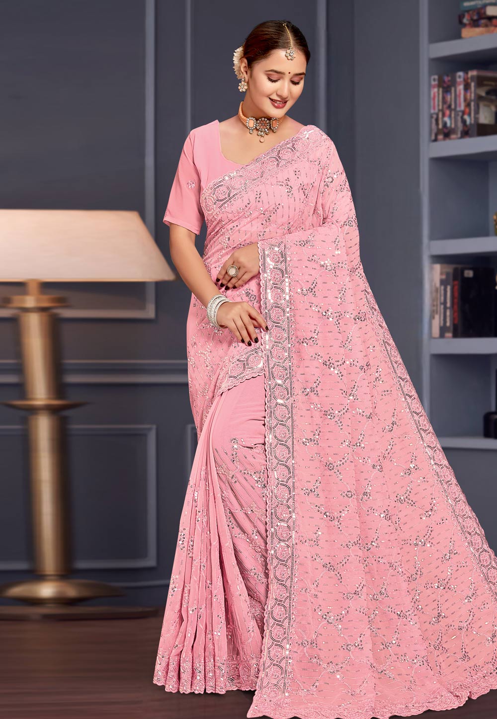 Pink Georgette Saree With Blouse 307758
