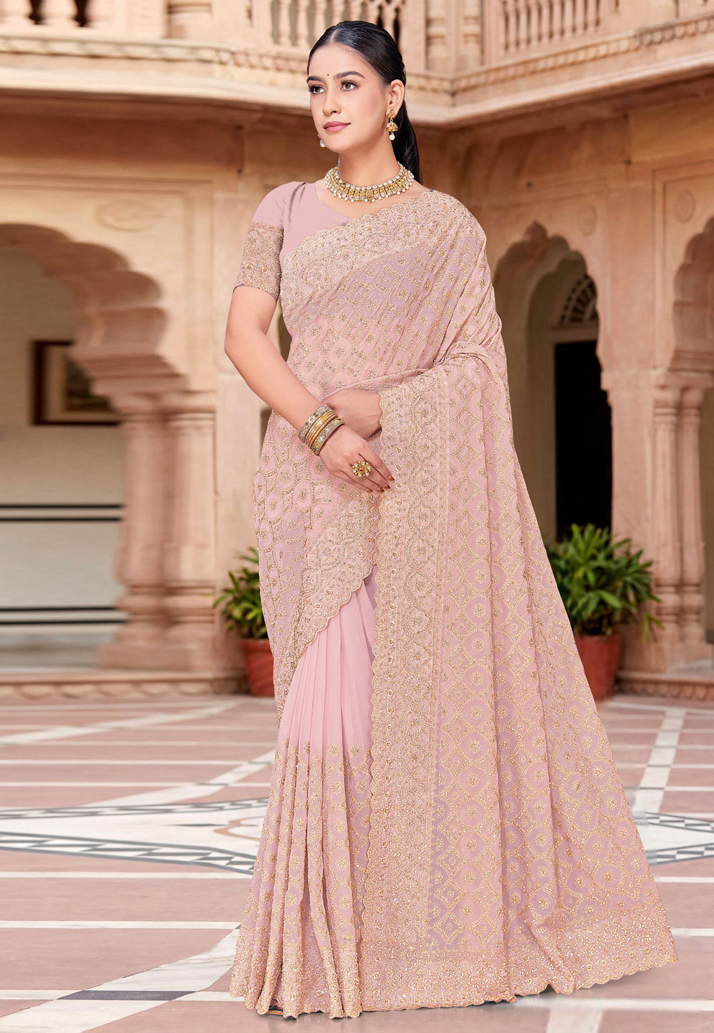 Pink Georgette Saree With Blouse 330014