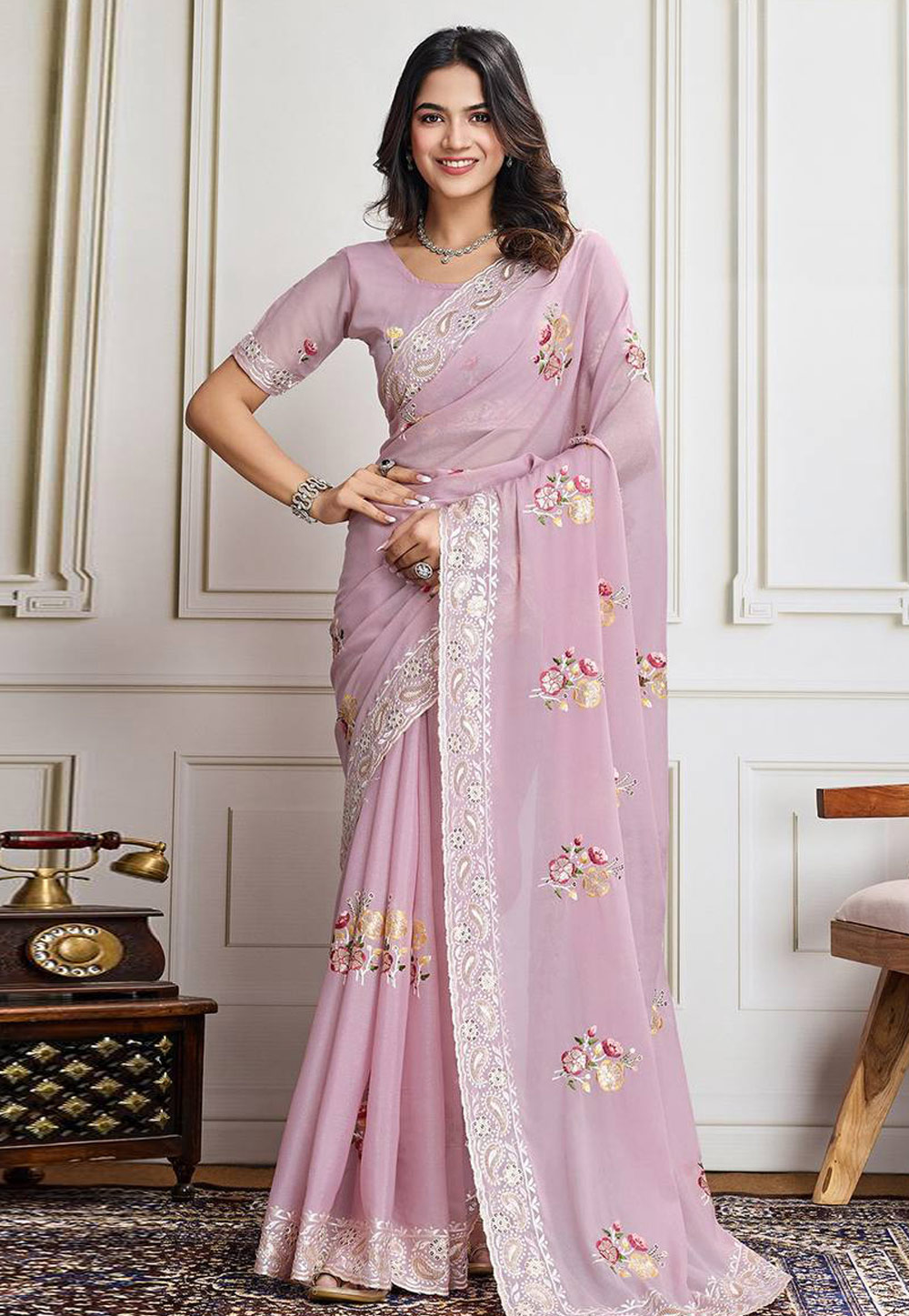 Pink Georgette Saree With Blouse 306509