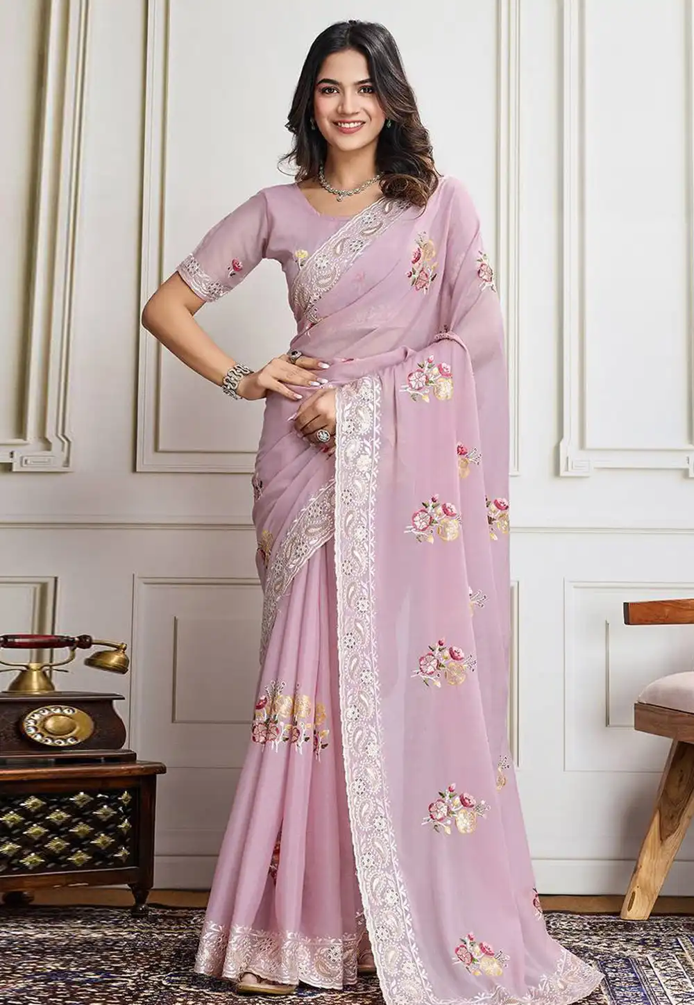 Pink Georgette Saree With Blouse 306509