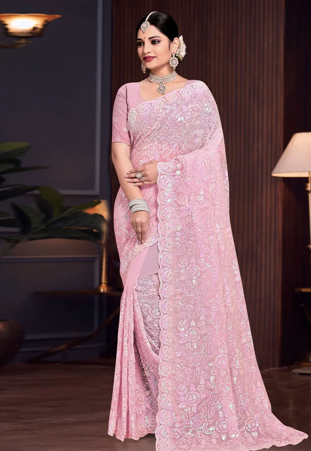 Pink Georgette Sequence Saree 303637