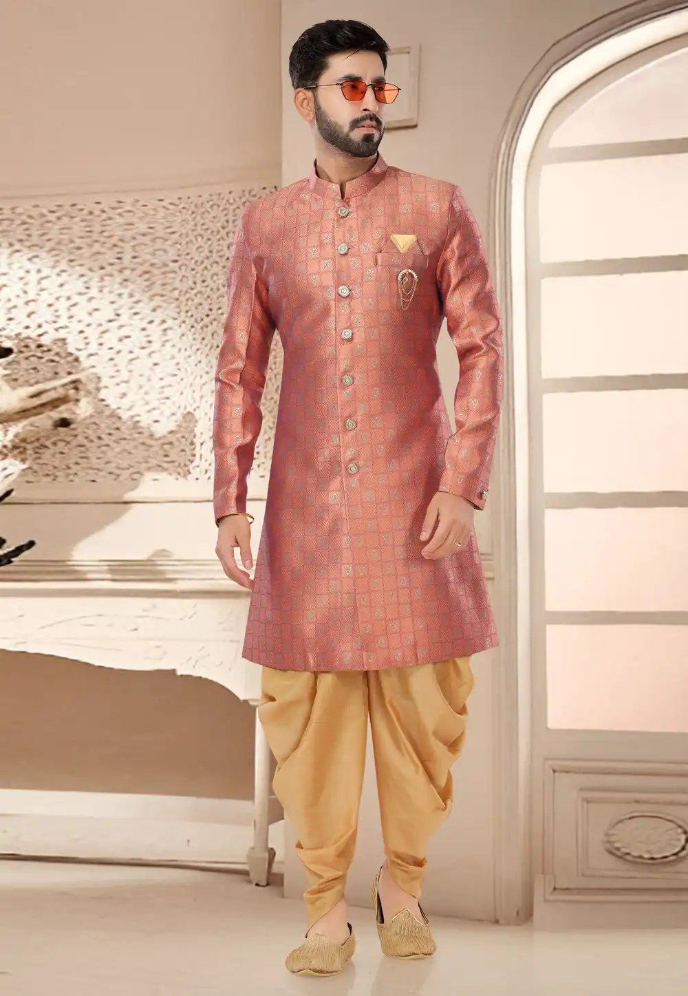 Pink Jacquard Dhoti Sherwani 285746