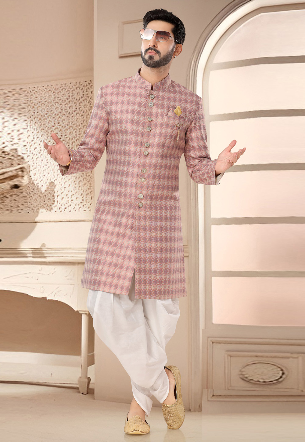 Pink Jacquard Dhoti Sherwani 285751