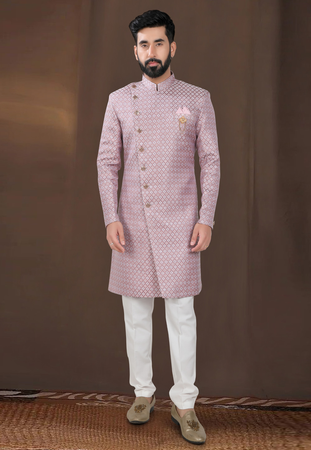 Pink Jacquard Indo Western Suit 312806