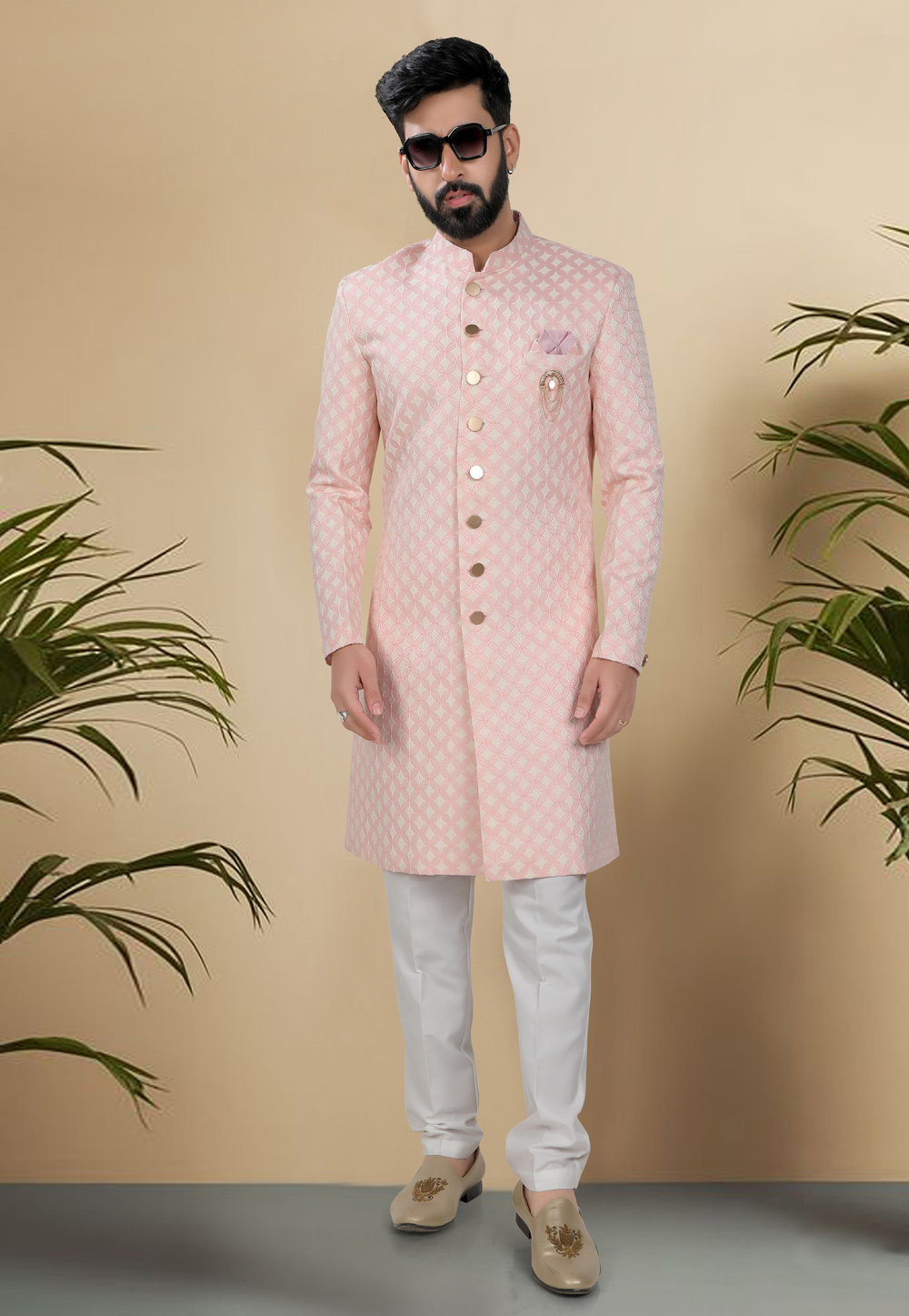 Pink Jacquard Indo Western Suit 313073