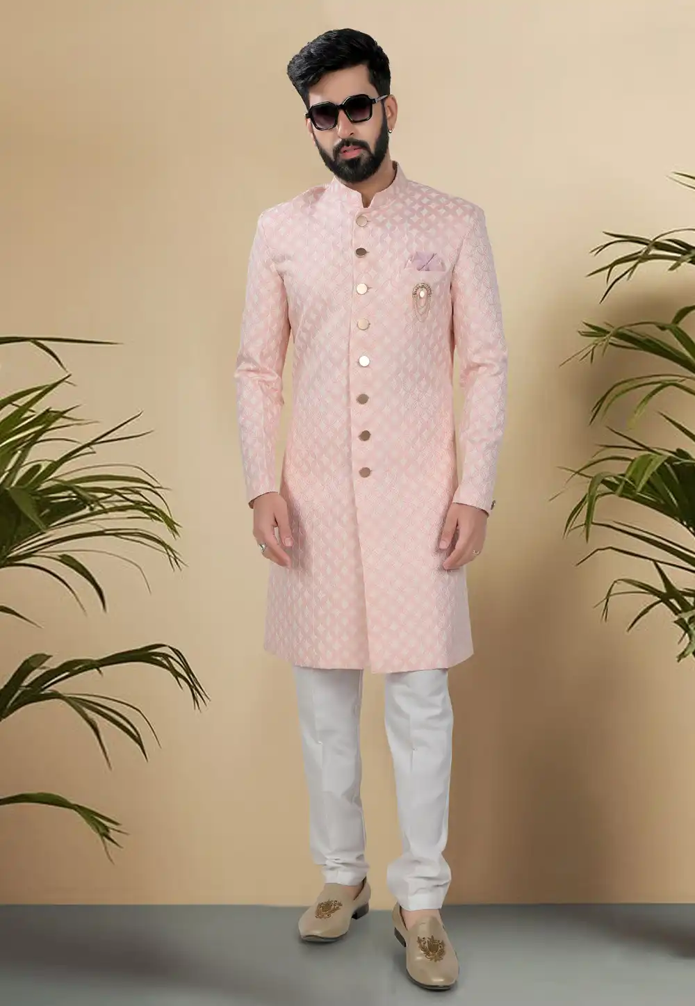 Pink Jacquard Indo Western Suit 313073