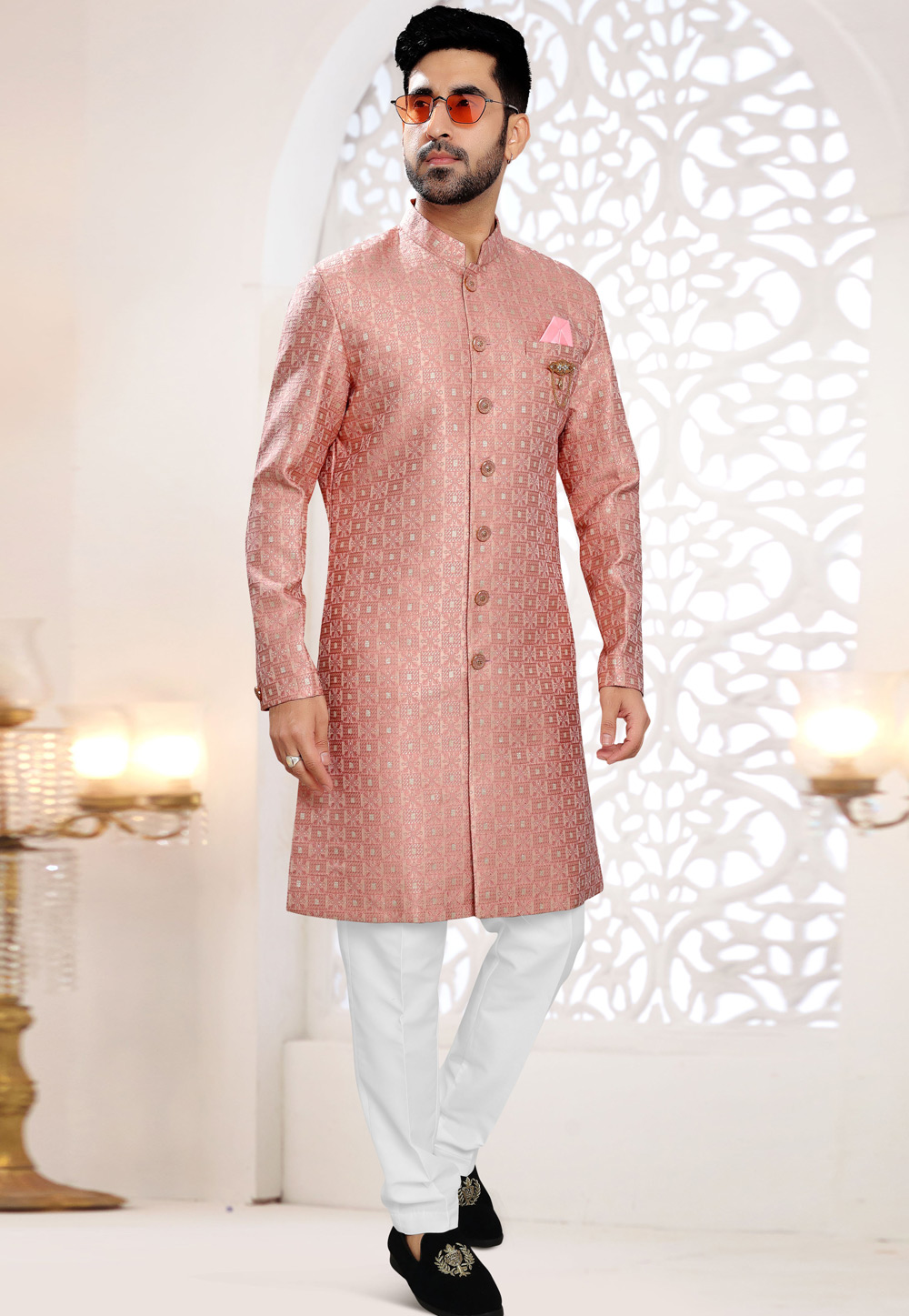 Pink Jacquard Indo Western Suit 306434