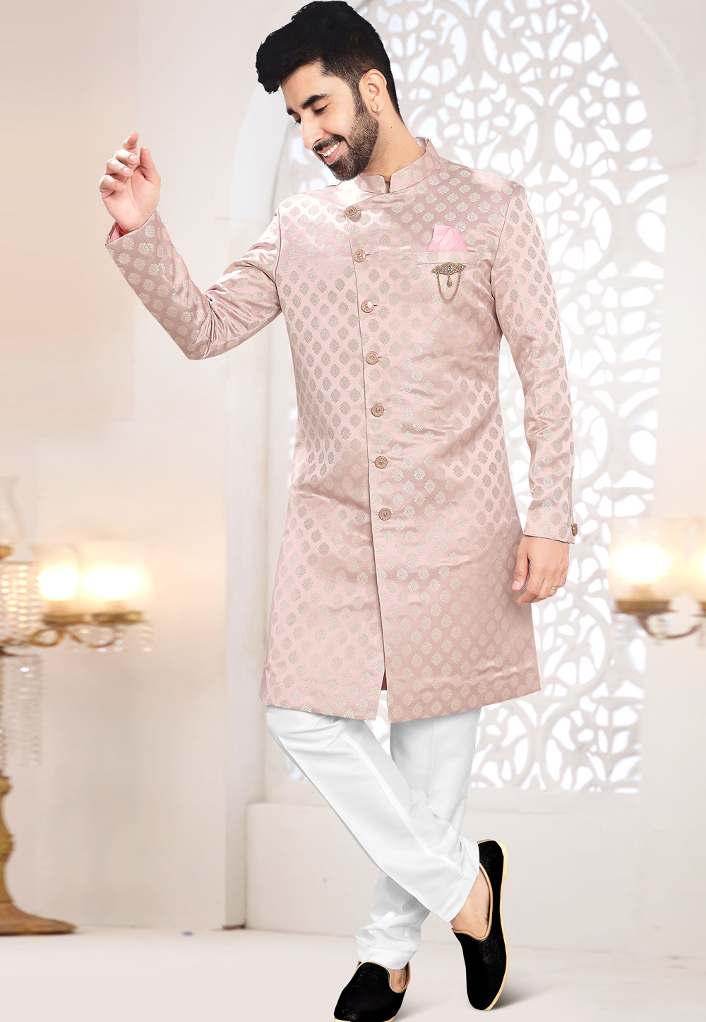 Pink Jacquard Indo Western Suit 306440