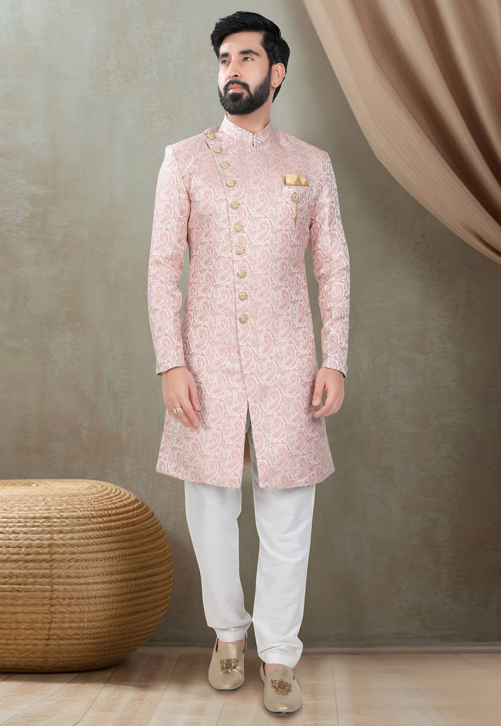 Pink Jacquard Indo Western Suit 311744
