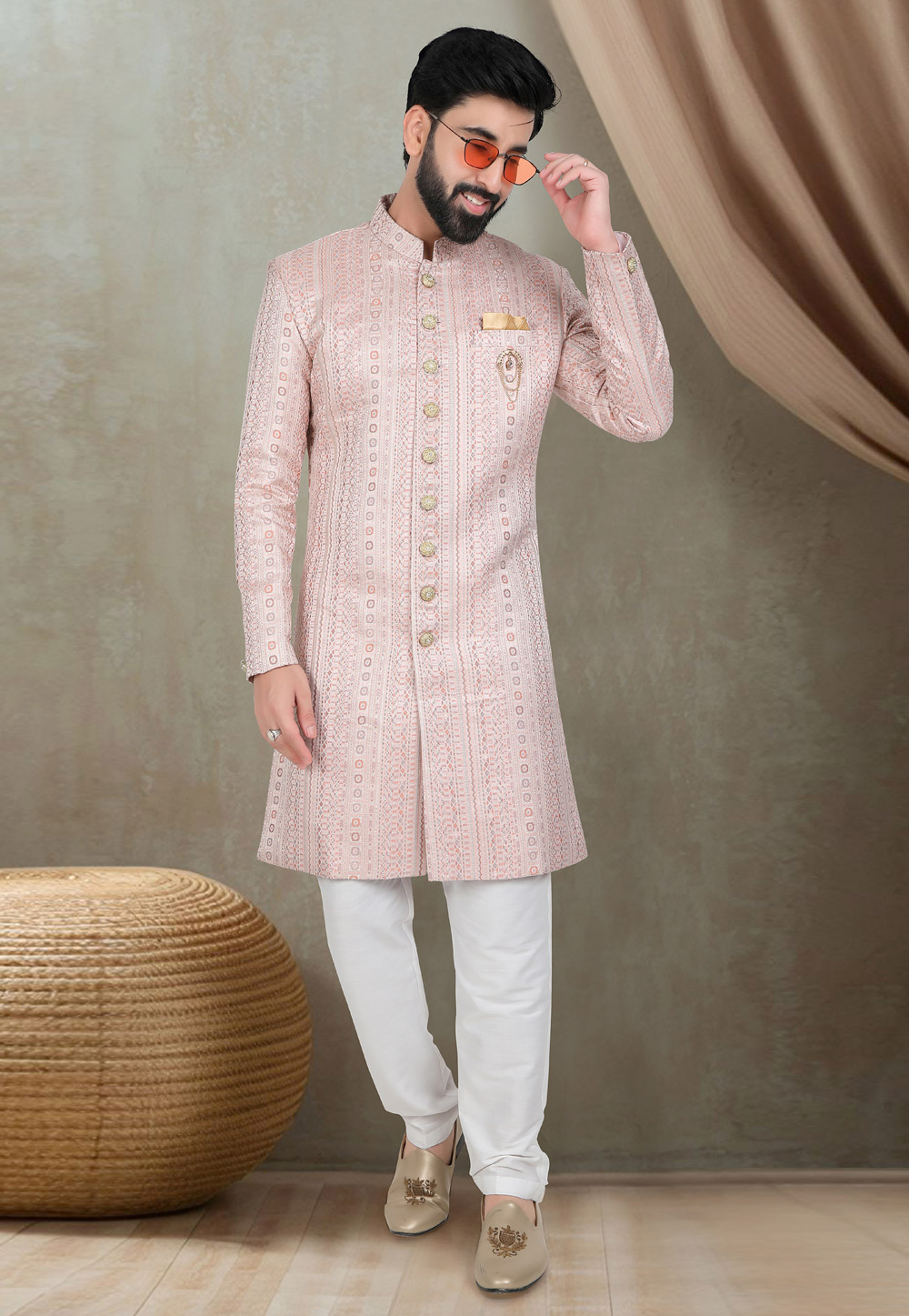 Pink Jacquard Indo Western Suit 311750