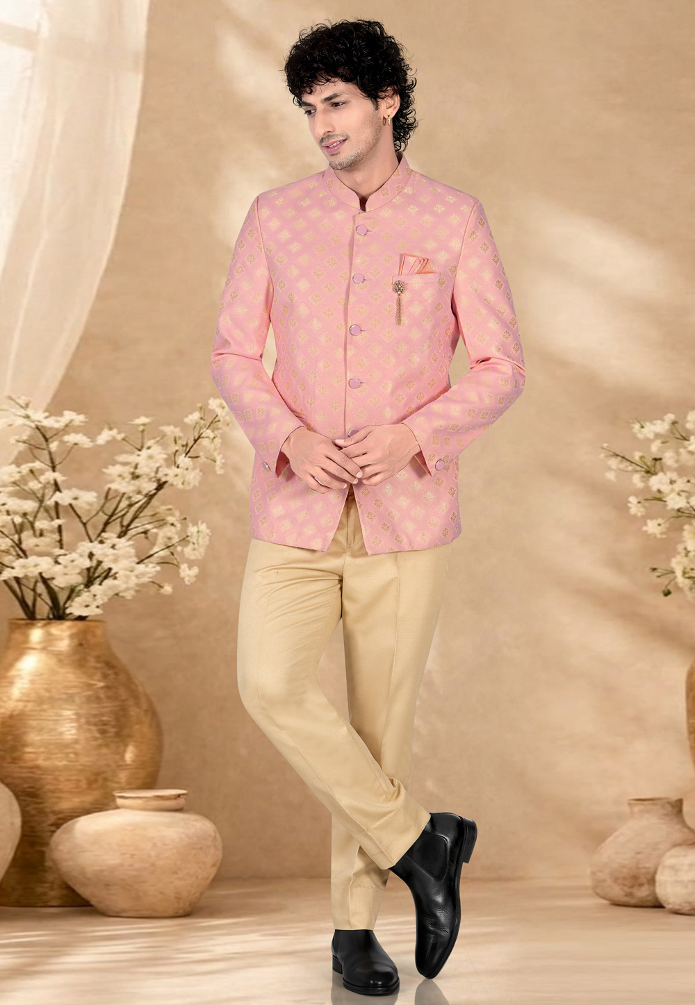 Pink Jacquard Jodhpuri Suit 328450