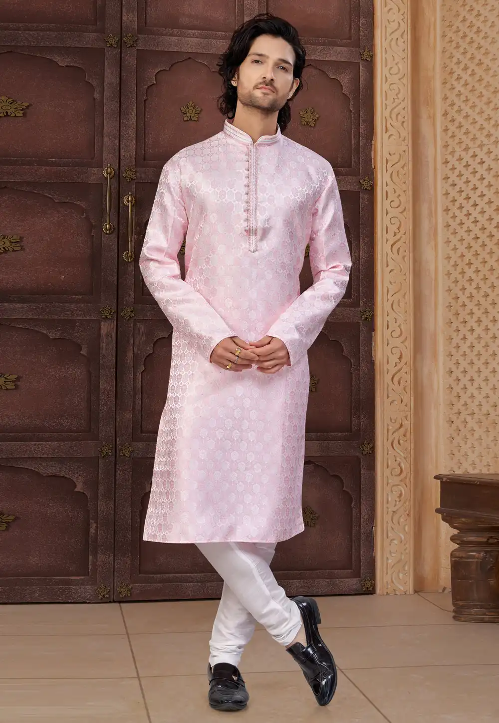 Pink Jacquard Kurta Pajama 317855