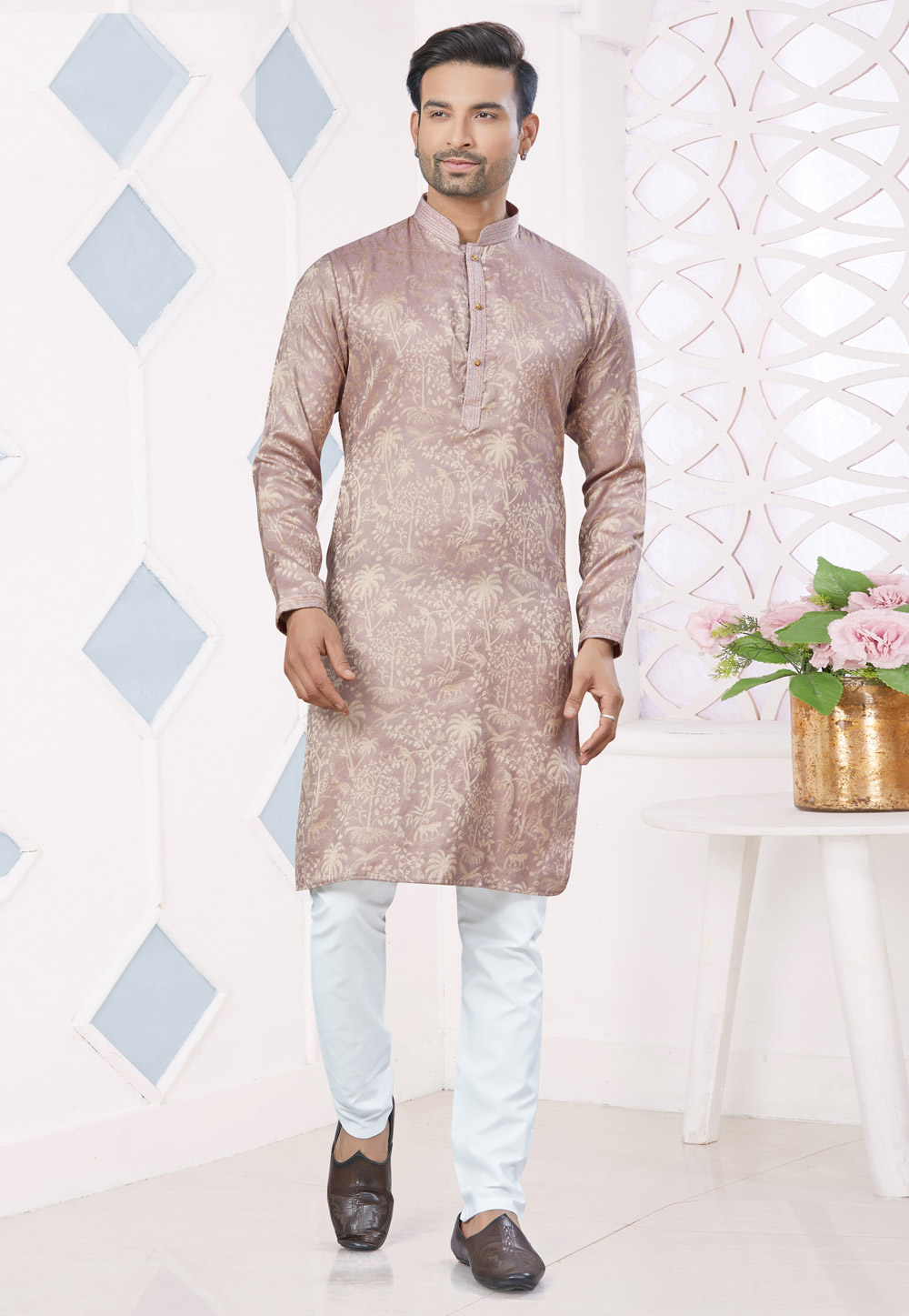 Pink Jacquard Kurta Pajama 306680
