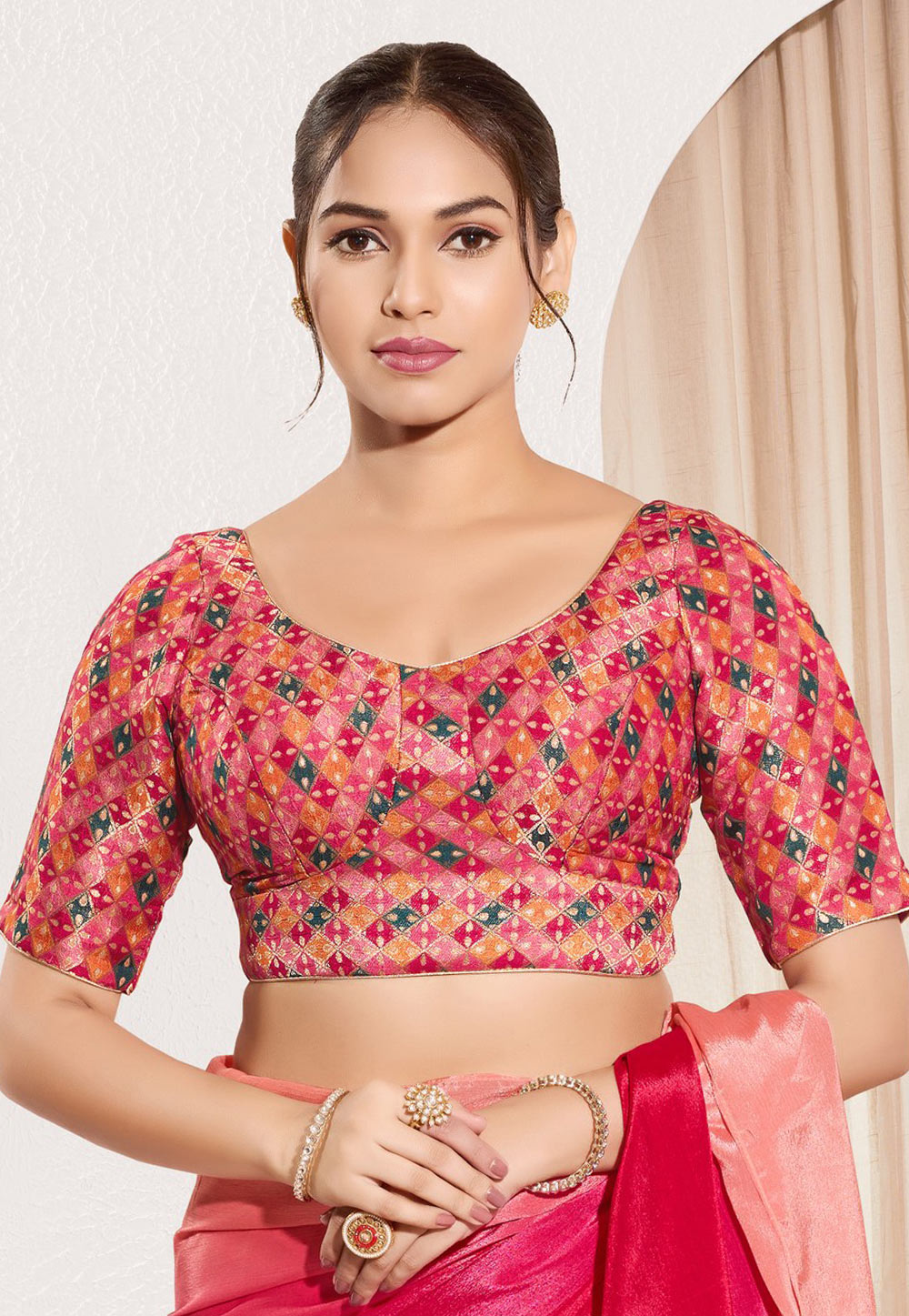 Pink Jacquard Readymade Blouse 312495