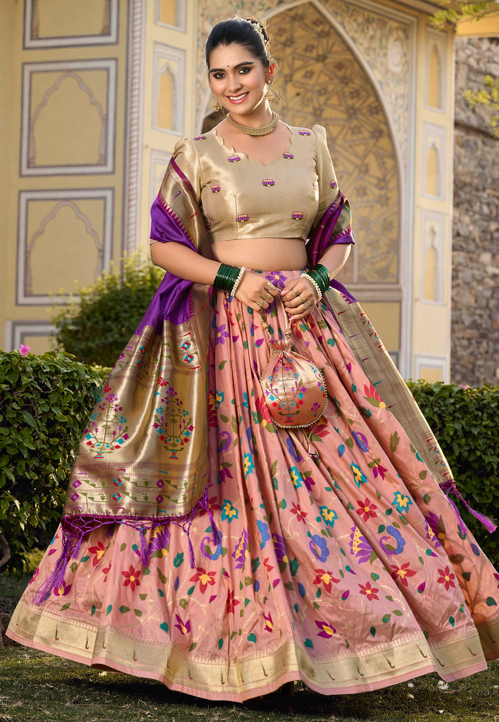 Pink Jacquard Silk Circular Lehenga Choli 286380