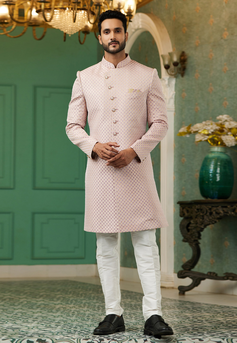 Pink Jacquard Silk Indo Western Sherwani 278308