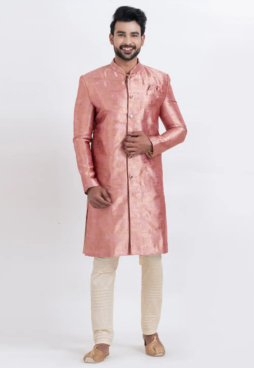 Pink Jacquard Silk Indo Western Suit 310268