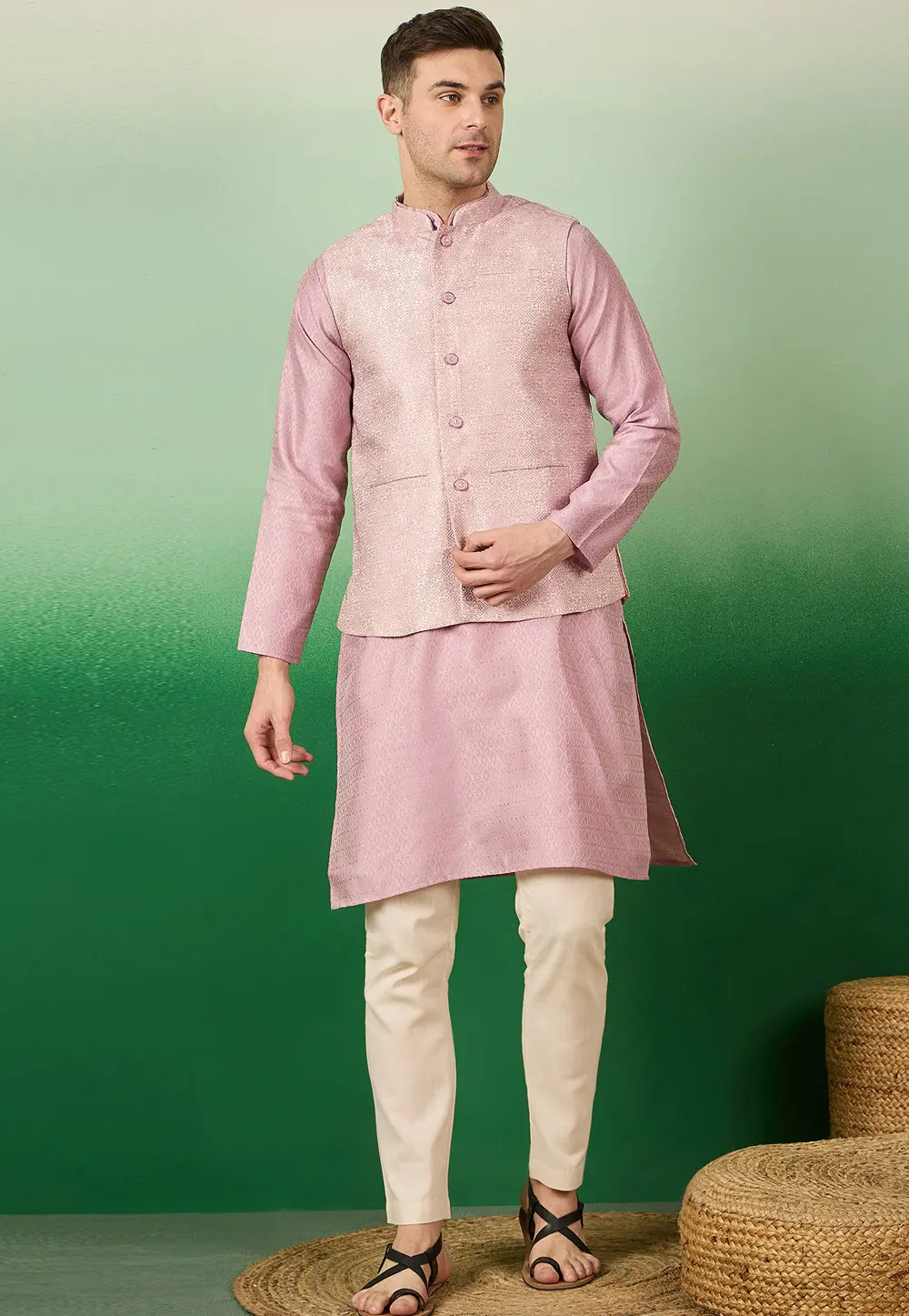 Pink Jacquard Silk Kurta Pajama With Jacket 331552