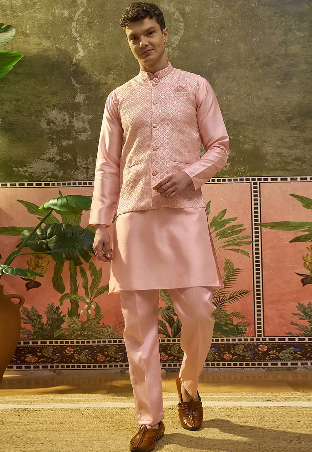 Pink Jacquard Silk Kurta Pajama With Jacket 331568