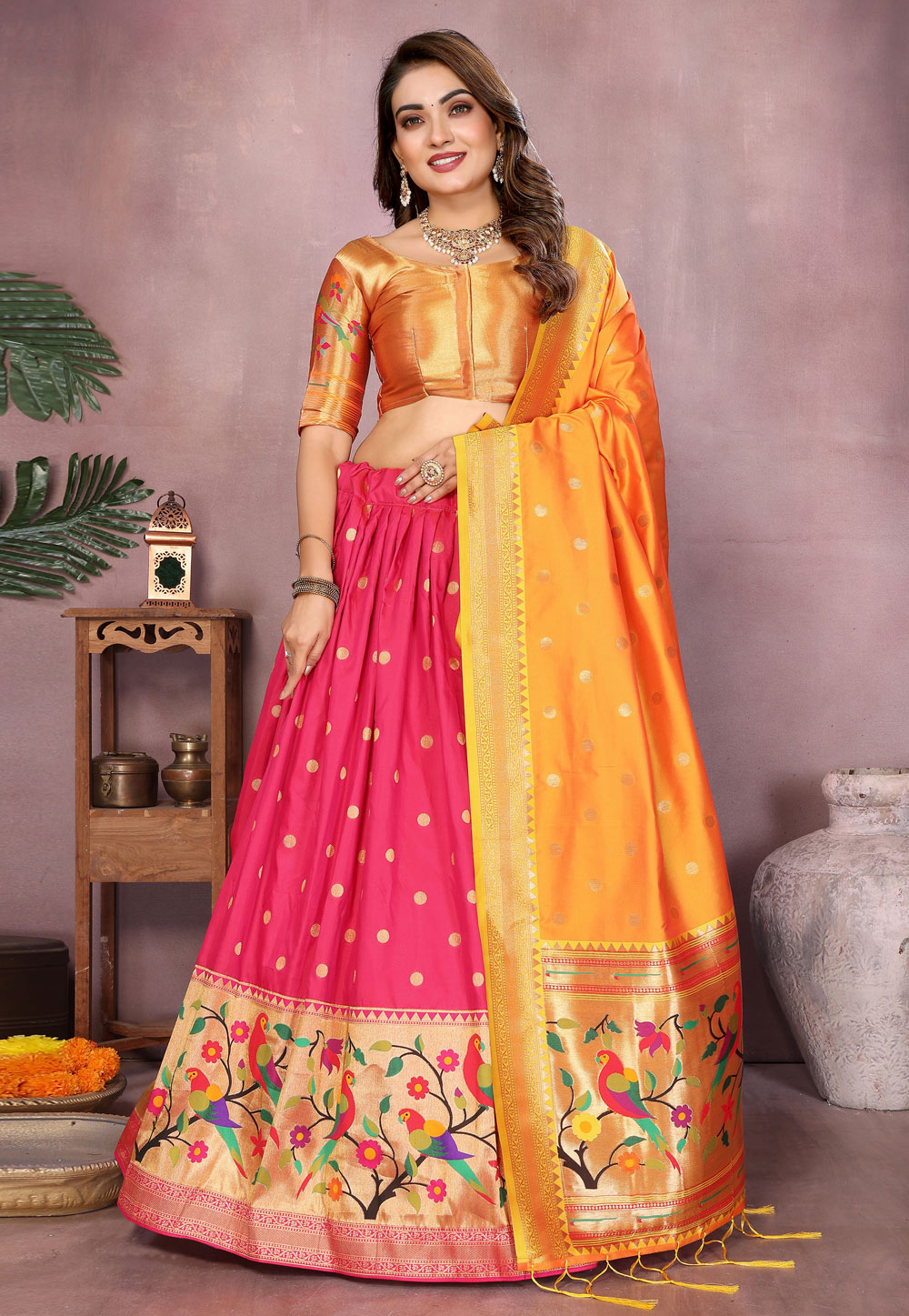 Pink Jacquard Silk Lehenga Choli 320751