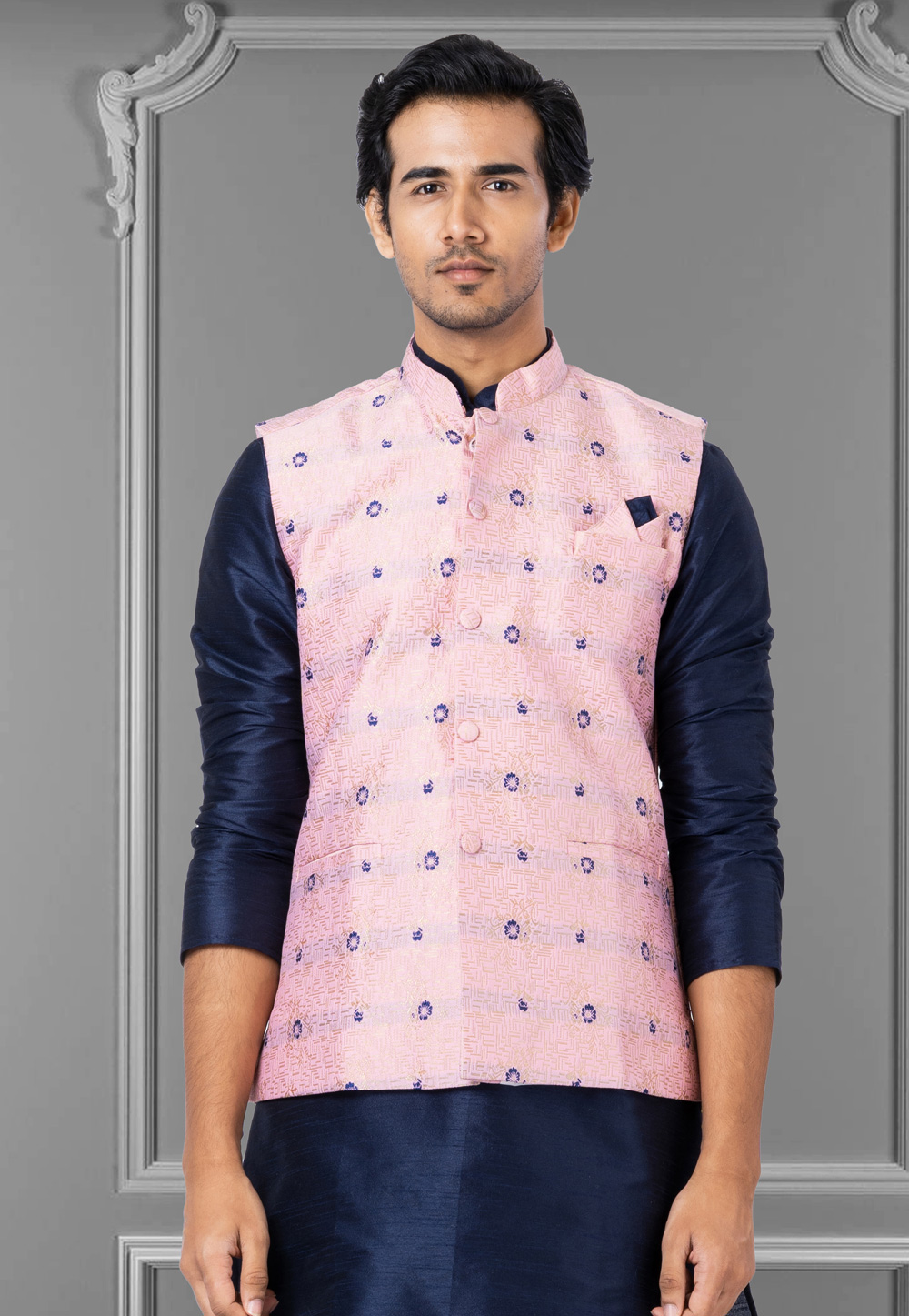 Pink Jacquard Silk Nehru Jacket 286964