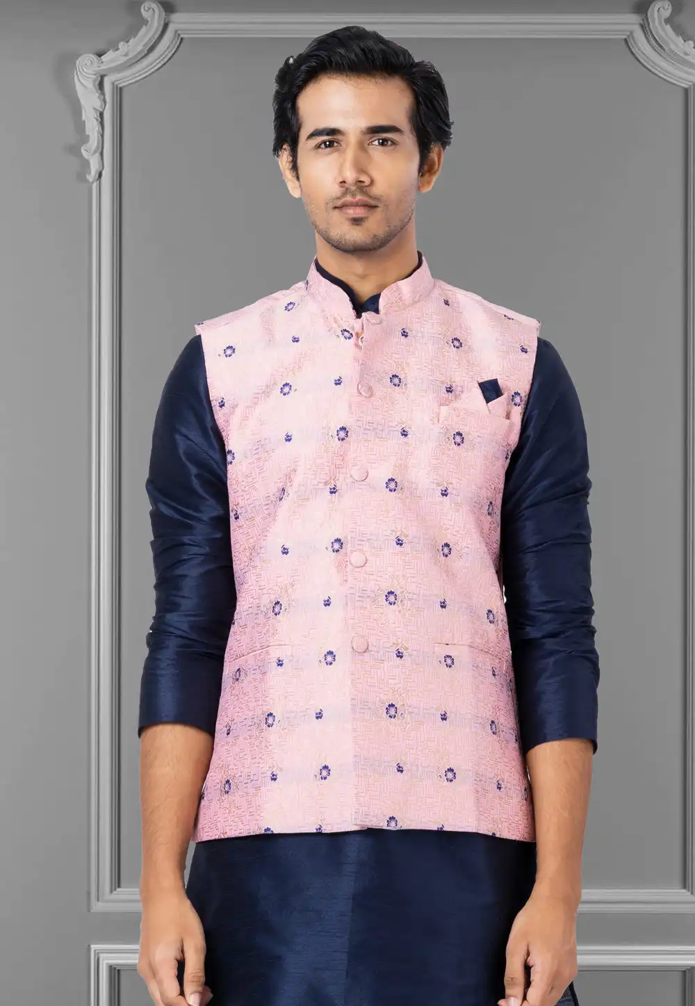 Pink Jacquard Silk Nehru Jacket 286964
