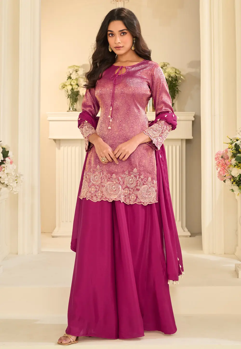 Pink Jacquard Silk Palazzo Suit 333183