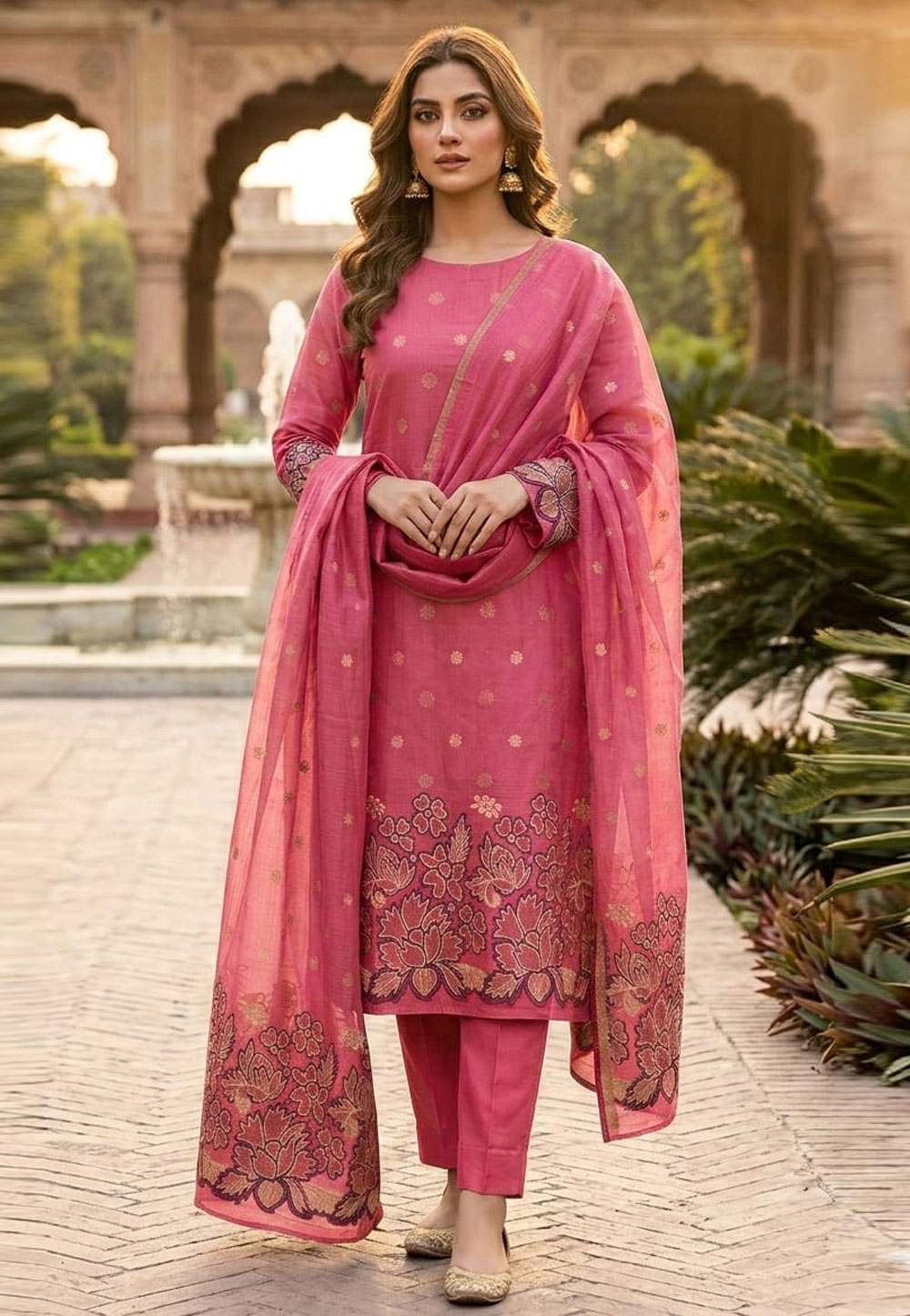 Pink Jacquard Silk Pant Style Suit 330329