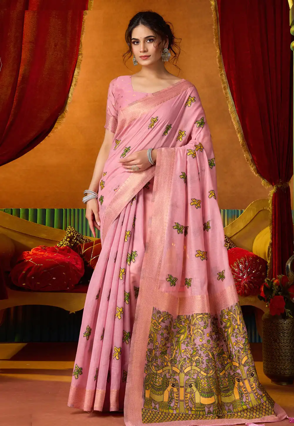 Pink Khadi Cotton Saree With Blouse 325393