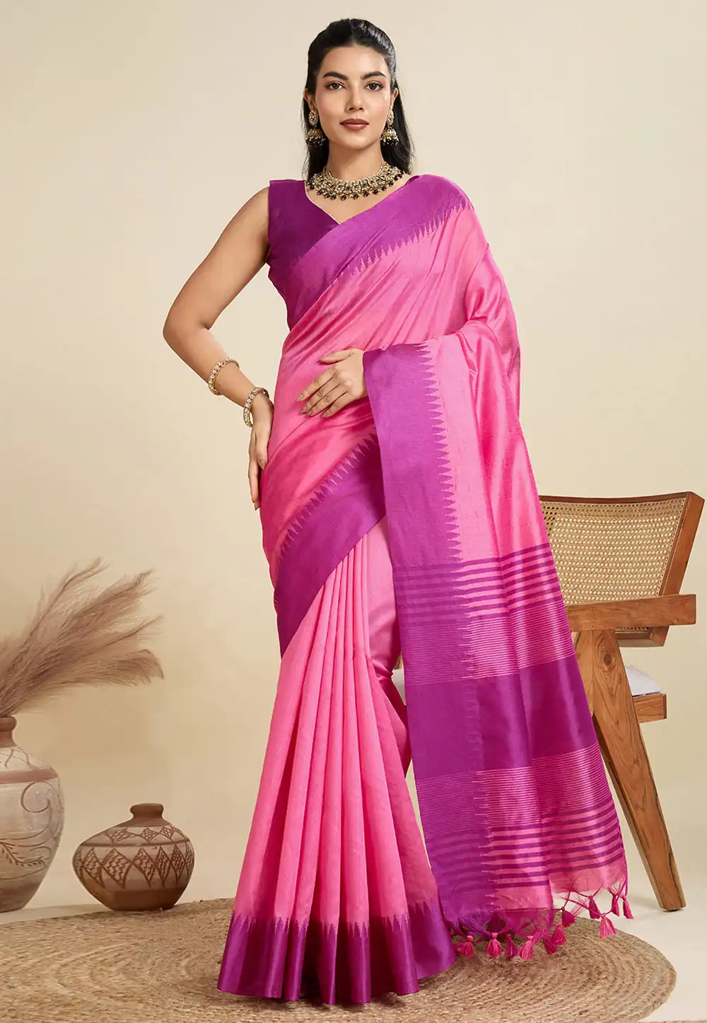 Pink Khadi Saree With Blouse 314074