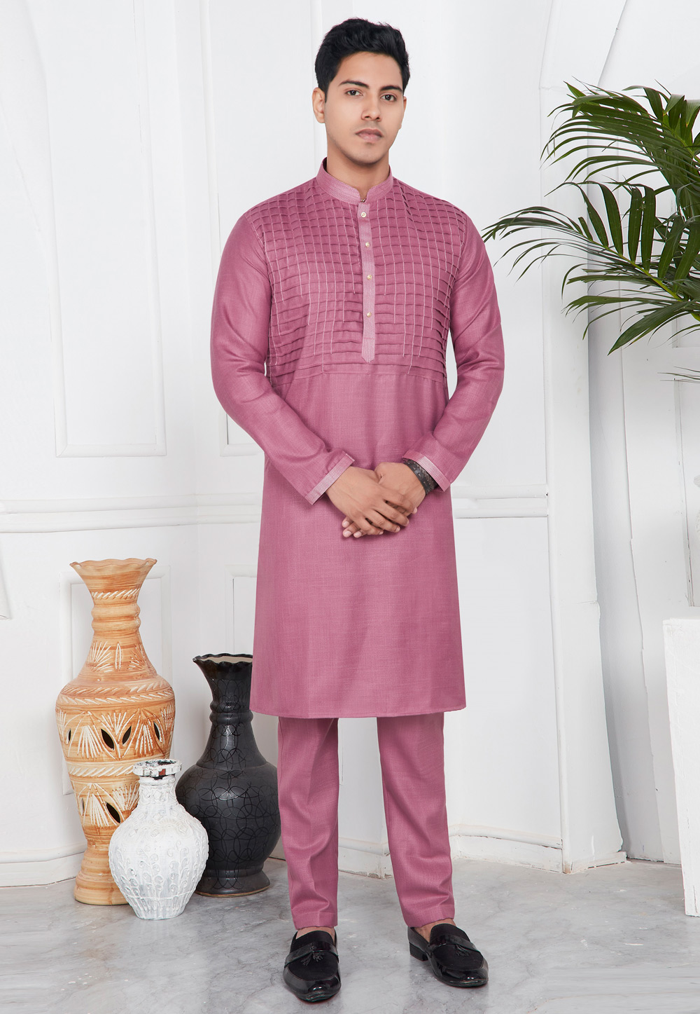 Pink Linen Kurta Pajama 283369