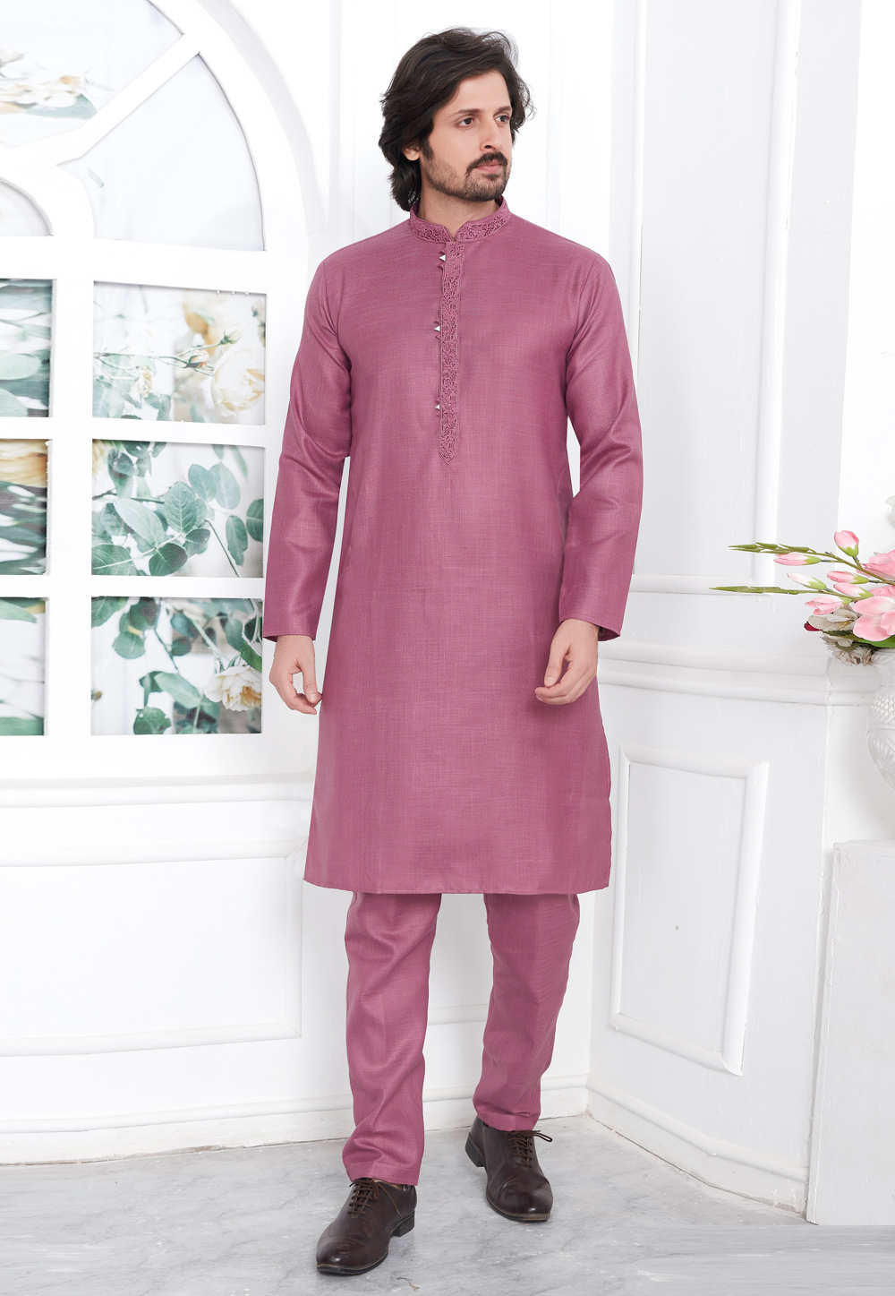 Pink Linen Kurta Pajama 283349