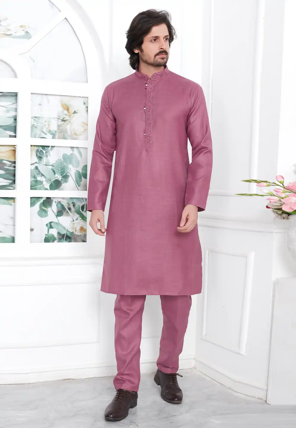 Pink Linen Kurta Pajama 283349