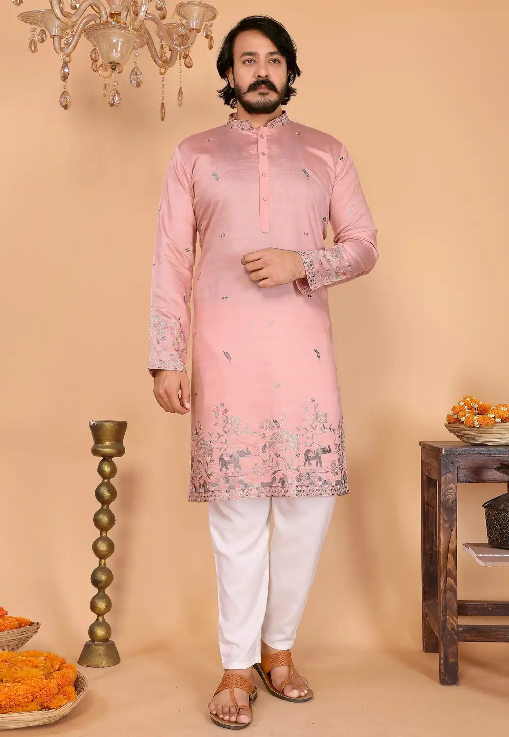 Pink Linen Kurta Pajama 322098