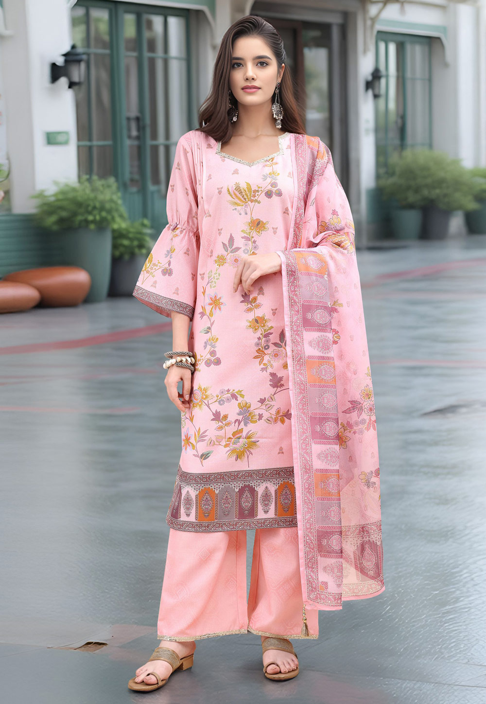 Pink Linen Readymade Palazzo Suit 319098