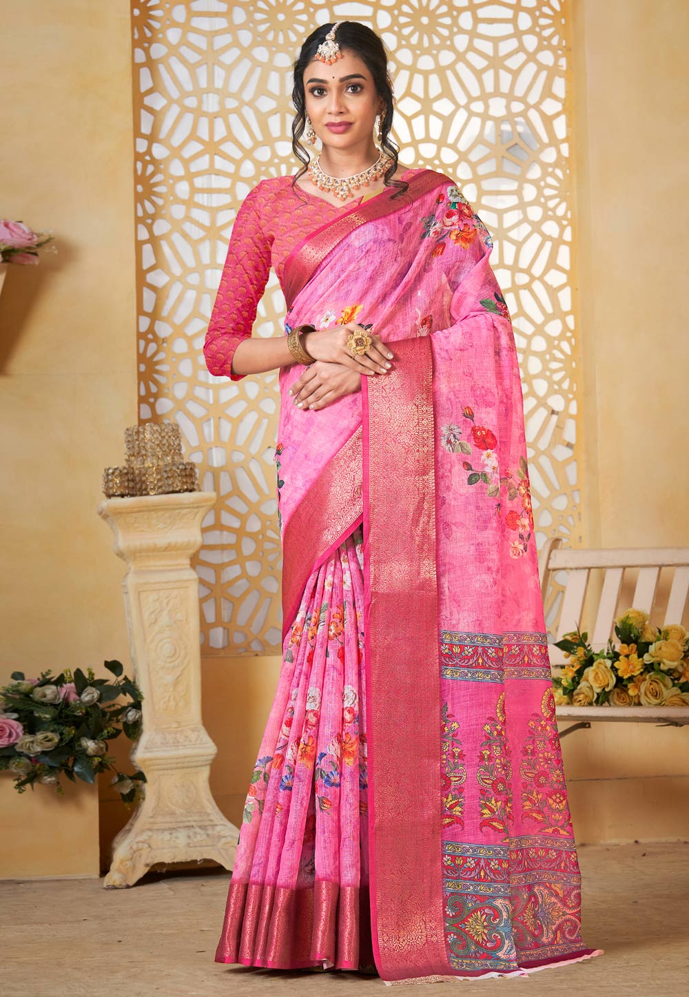 Pink Linen Saree With Blouse 307705