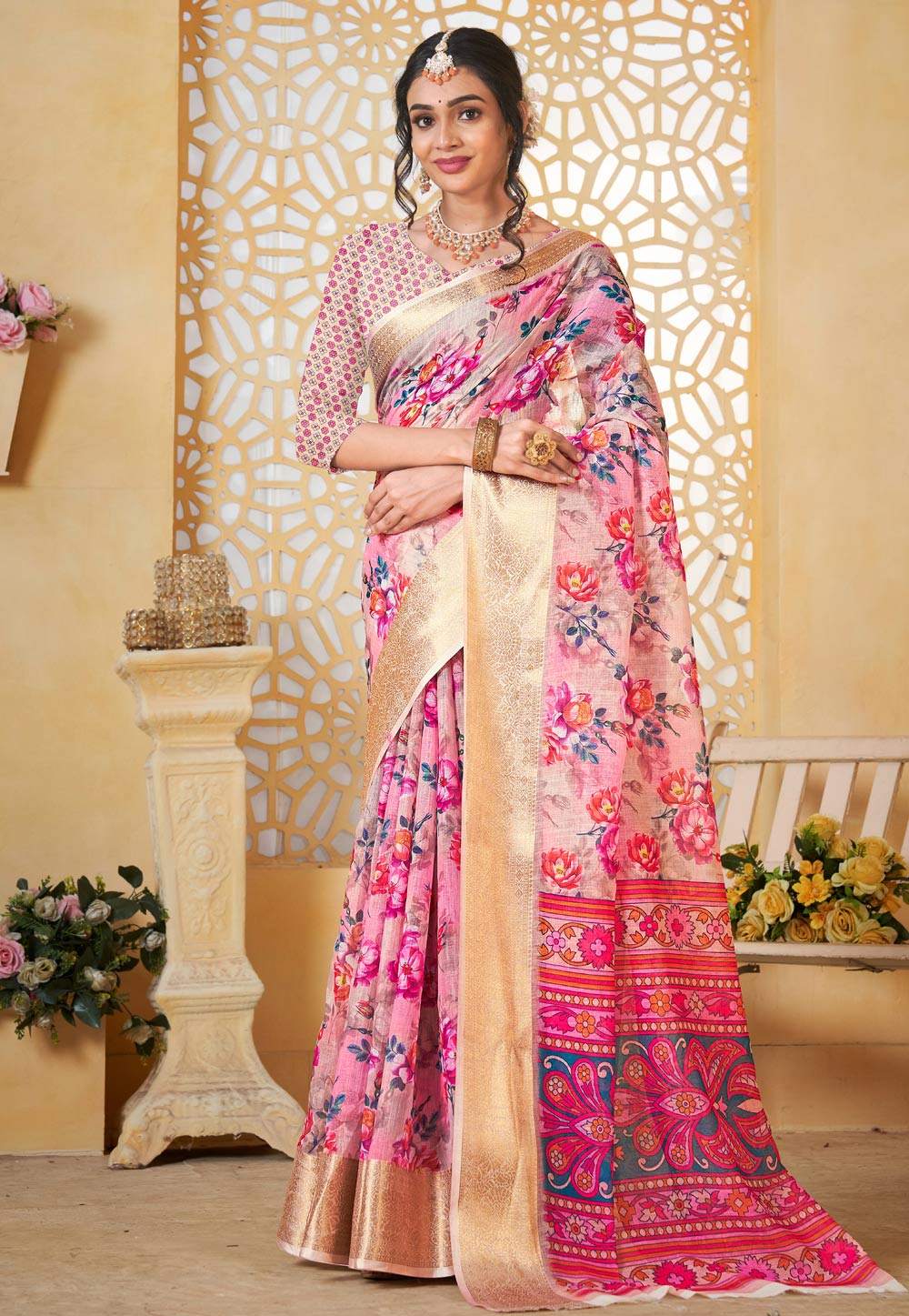 Pink Linen Saree With Blouse 307706
